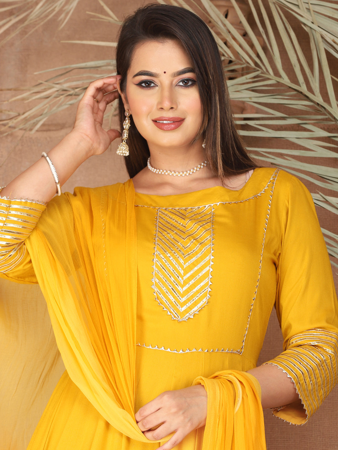Yellow Anarkali Rayon Kurta Pant Set with Chiffon Dupatta –3 Piece Salwar Kameez-750069