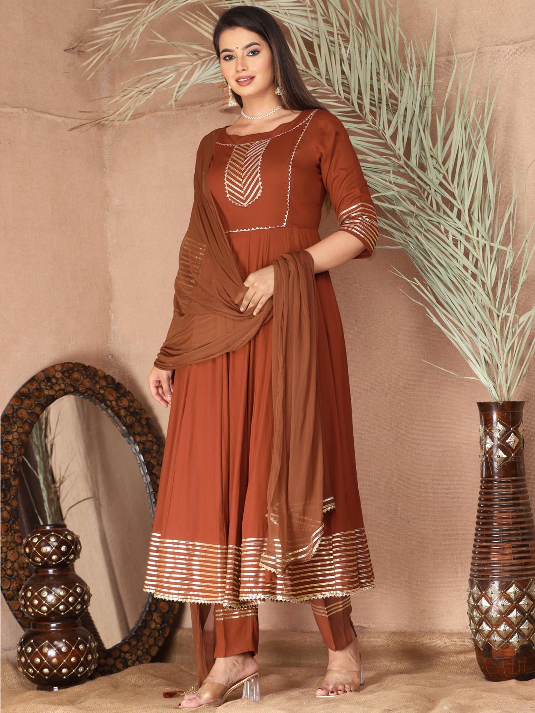 Brown Anarkali Rayon Kurta Pant Set with Chiffon Dupatta –3 Piece Salwar Kameez-750069 (Copy)