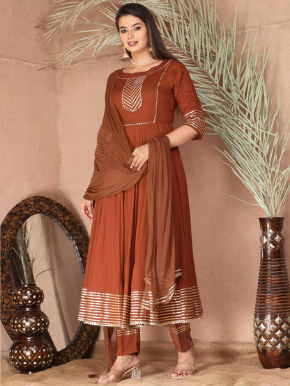Brown Anarkali Rayon Kurta Pant Set with Chiffon Dupatta –3 Piece Salwar Kameez-750069 (Copy)