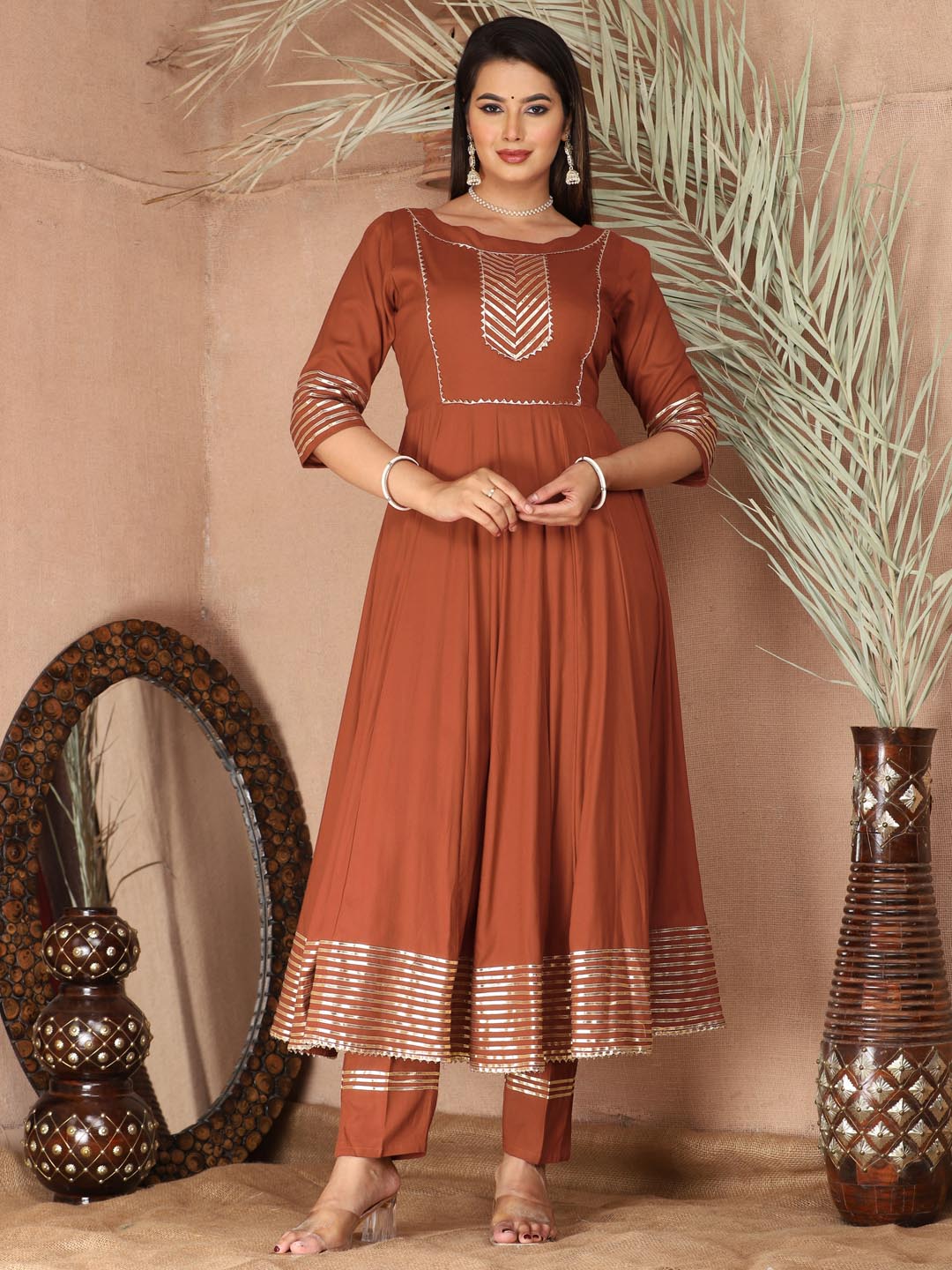 Brown Anarkali Rayon Kurta Pant Set with Chiffon Dupatta –3 Piece Salwar Kameez-750069 (Copy)