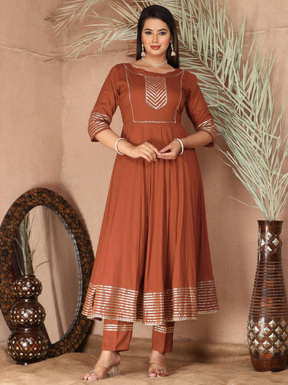 Brown Anarkali Rayon Kurta Pant Set with Chiffon Dupatta –3 Piece Salwar Kameez-750069 (Copy)