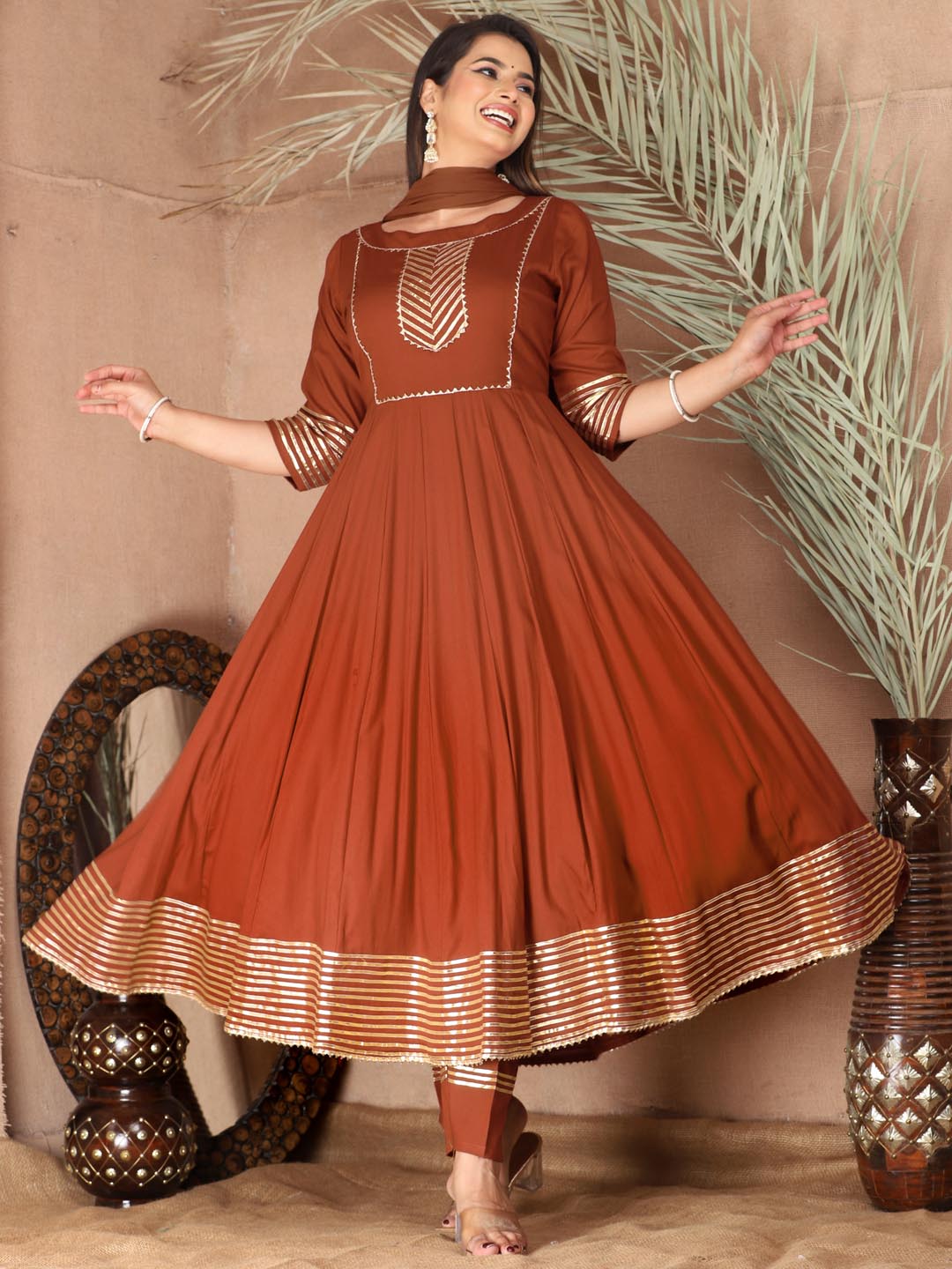 Brown Anarkali Rayon Kurta Pant Set with Chiffon Dupatta –3 Piece Salwar Kameez-750069 (Copy)