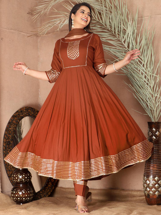Brown Anarkali Rayon Kurta Pant Set with Chiffon Dupatta –3 Piece Salwar Kameez-750069 (Copy)