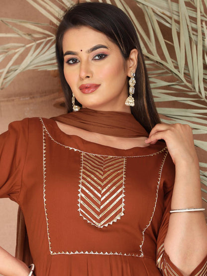 Brown Anarkali Rayon Kurta Pant Set with Chiffon Dupatta –3 Piece Salwar Kameez-750069 (Copy)