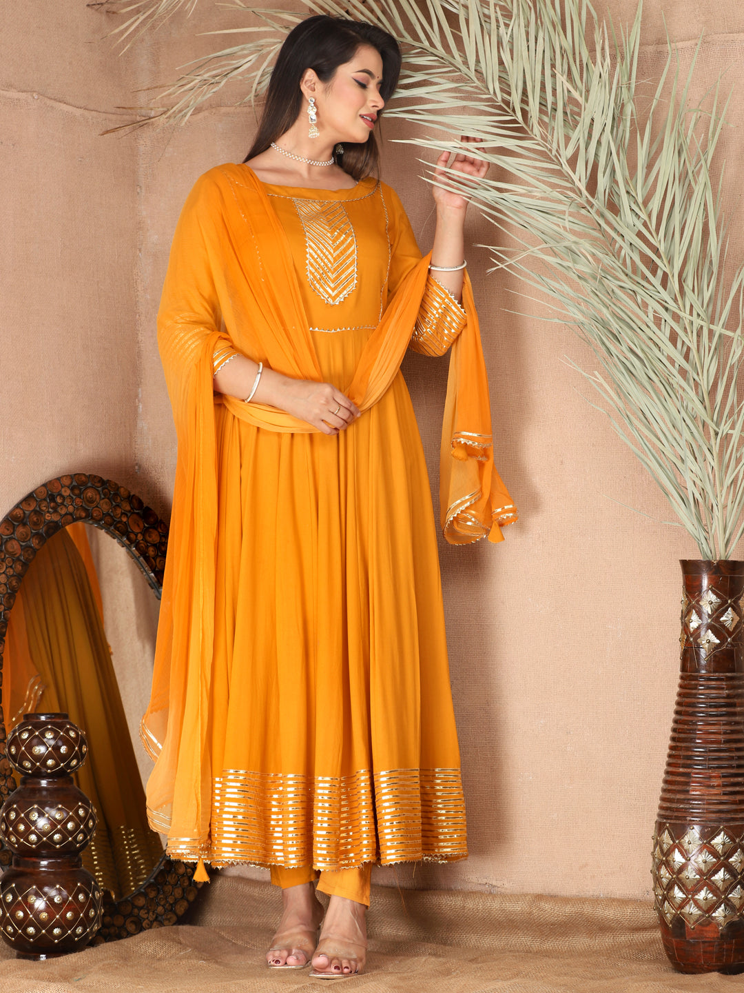 Orange Anarkali Rayon Kurta Pant Set with Chiffon Dupatta –3 Piece Salwar Kameez-750070