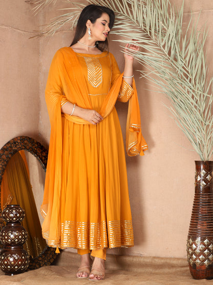 Orange Anarkali Rayon Kurta Pant Set with Chiffon Dupatta –3 Piece Salwar Kameez-750070