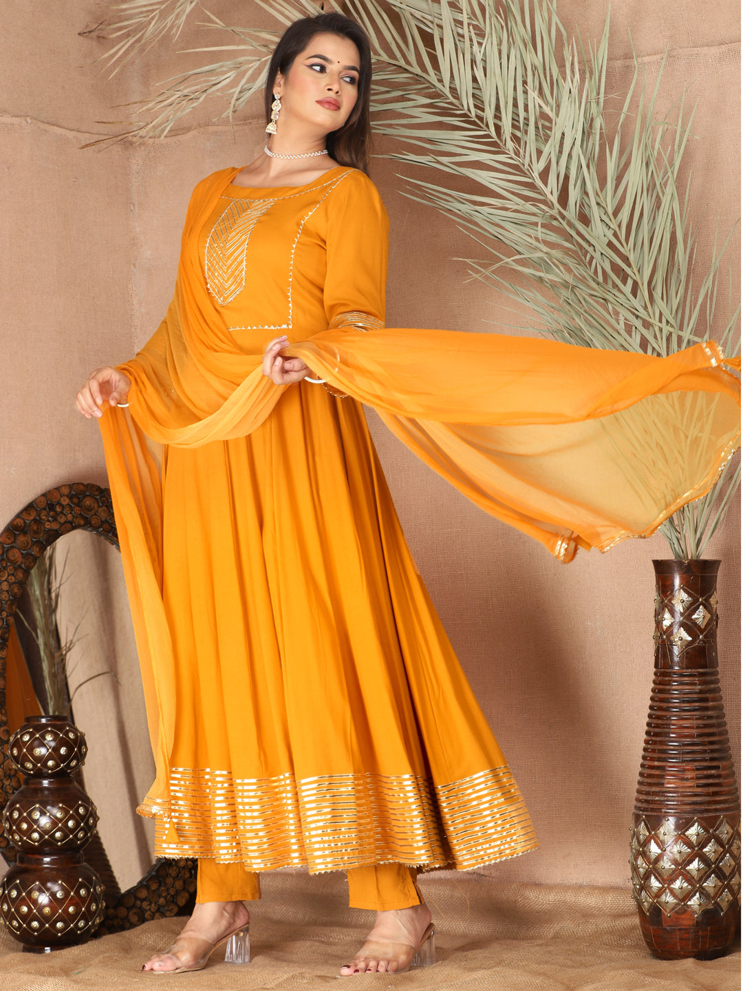 Orange Anarkali Rayon Kurta Pant Set with Chiffon Dupatta –3 Piece Salwar Kameez-750070