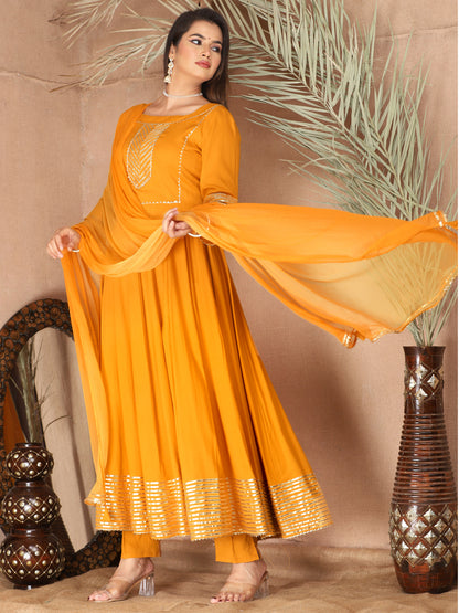 Orange Anarkali Rayon Kurta Pant Set with Chiffon Dupatta –3 Piece Salwar Kameez-750070