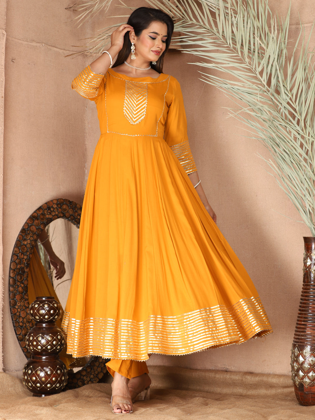 Orange Anarkali Rayon Kurta Pant Set with Chiffon Dupatta –3 Piece Salwar Kameez-750070