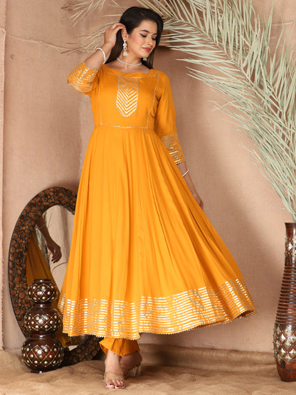 Orange Anarkali Rayon Kurta Pant Set with Chiffon Dupatta –3 Piece Salwar Kameez-750070