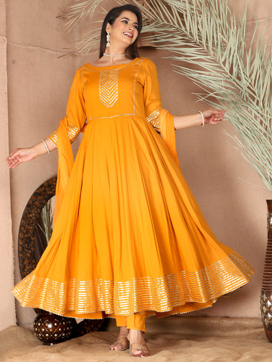 Orange Anarkali Rayon Kurta Pant Set with Chiffon Dupatta –3 Piece Salwar Kameez-750070