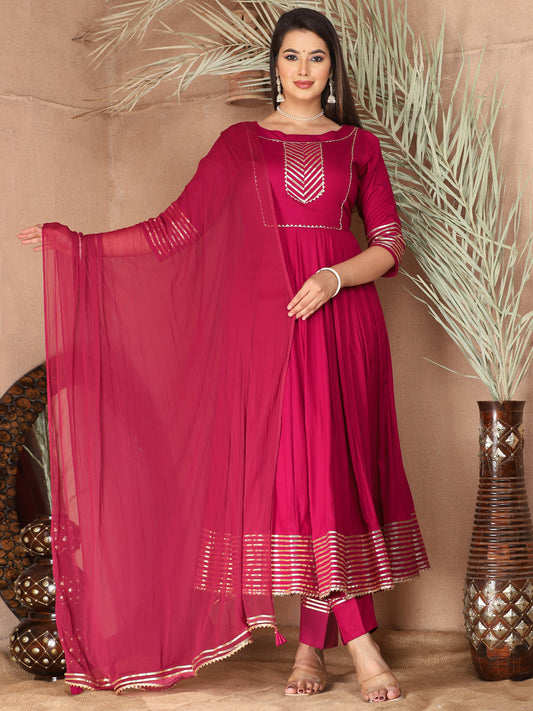 Pink Anarkali Rayon Kurta Pant Set with Chiffon Dupatta –3 Piece Salwar Kameez-750071