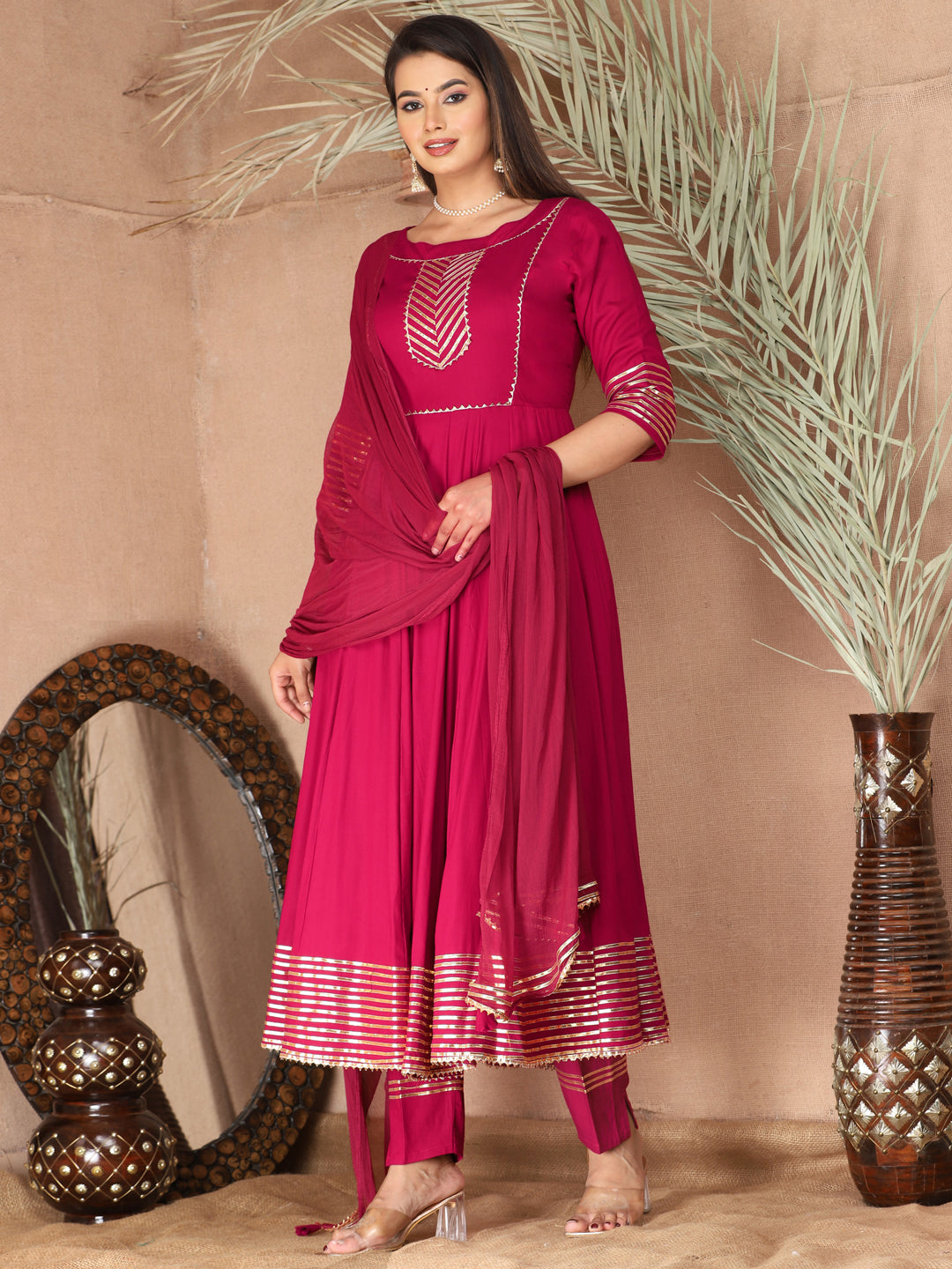Pink Anarkali Rayon Kurta Pant Set with Chiffon Dupatta –3 Piece Salwar Kameez-750071