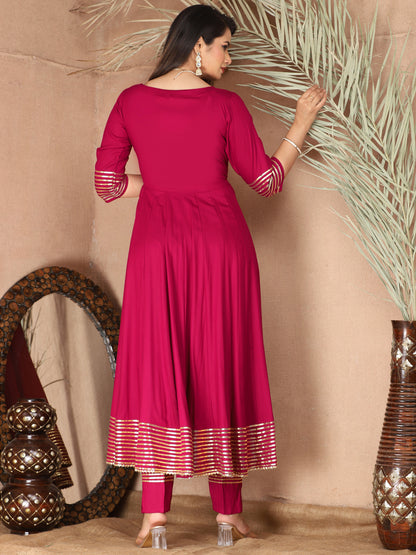 Pink Anarkali Rayon Kurta Pant Set with Chiffon Dupatta –3 Piece Salwar Kameez-750071