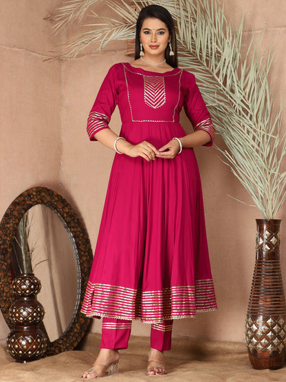 Pink Anarkali Rayon Kurta Pant Set with Chiffon Dupatta –3 Piece Salwar Kameez-750071