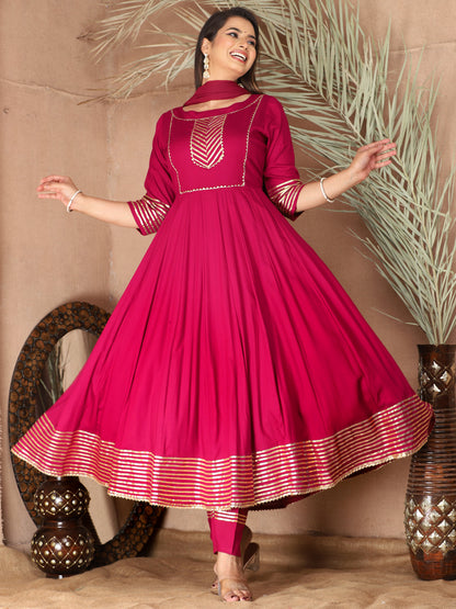 Pink Anarkali Rayon Kurta Pant Set with Chiffon Dupatta –3 Piece Salwar Kameez-750071