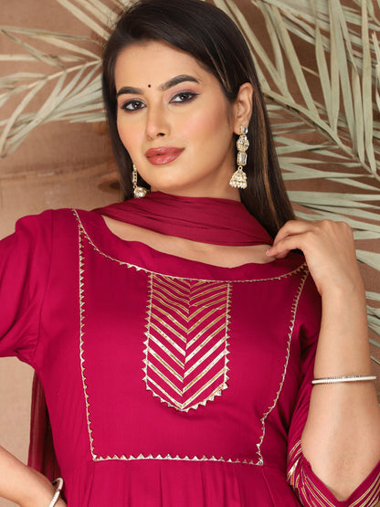 Pink Anarkali Rayon Kurta Pant Set with Chiffon Dupatta –3 Piece Salwar Kameez-750071