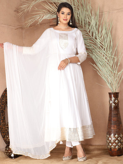 White Anarkali Rayon Kurta Pant Set with Chiffon Dupatta –3 Piece Salwar Kameez-750072
