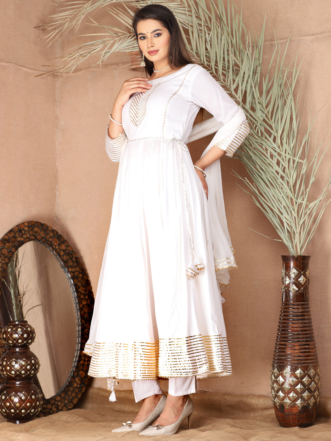 White Anarkali Rayon Kurta Pant Set with Chiffon Dupatta –3 Piece Salwar Kameez-750072