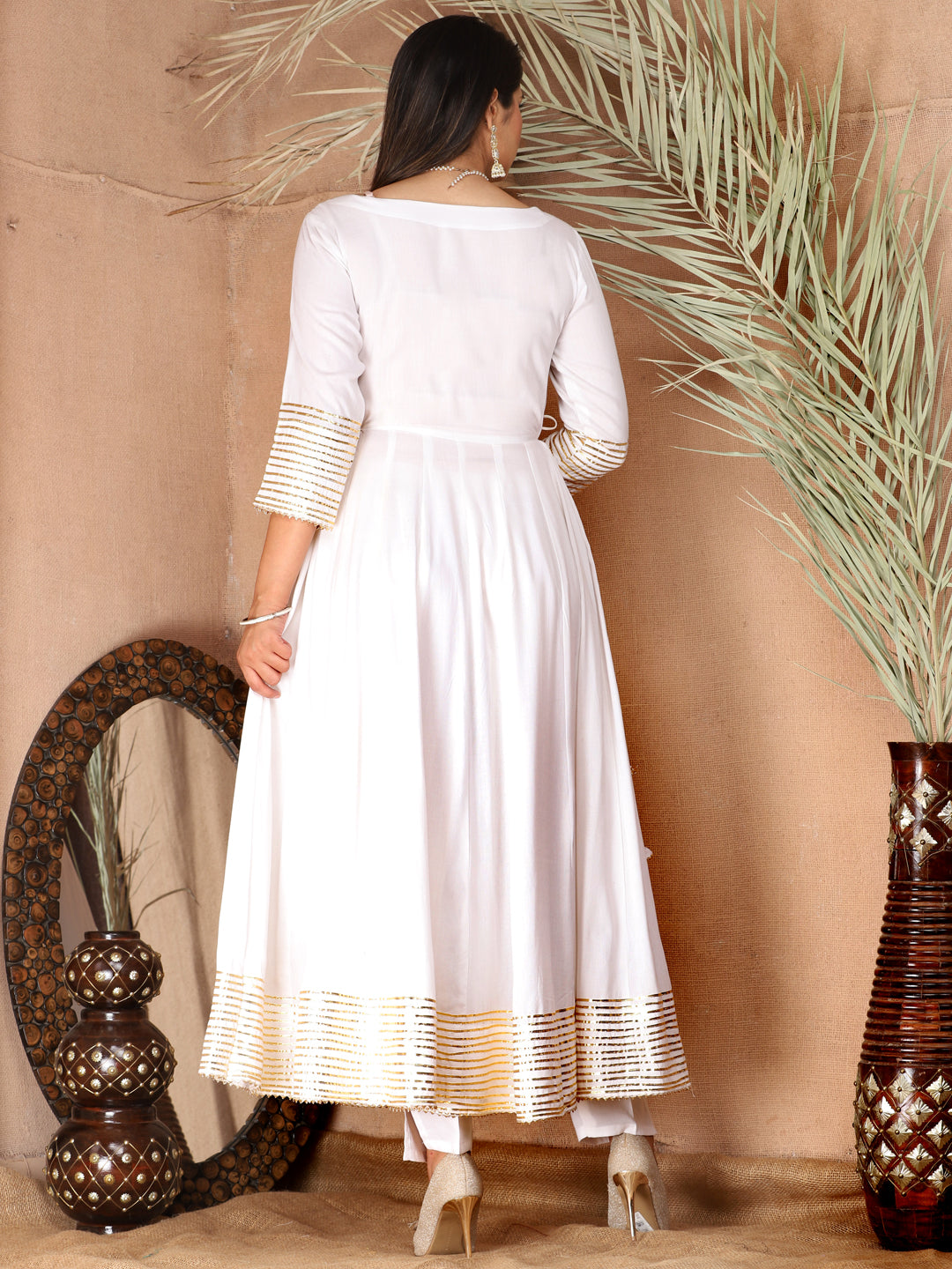 White Anarkali Rayon Kurta Pant Set with Chiffon Dupatta –3 Piece Salwar Kameez-750072