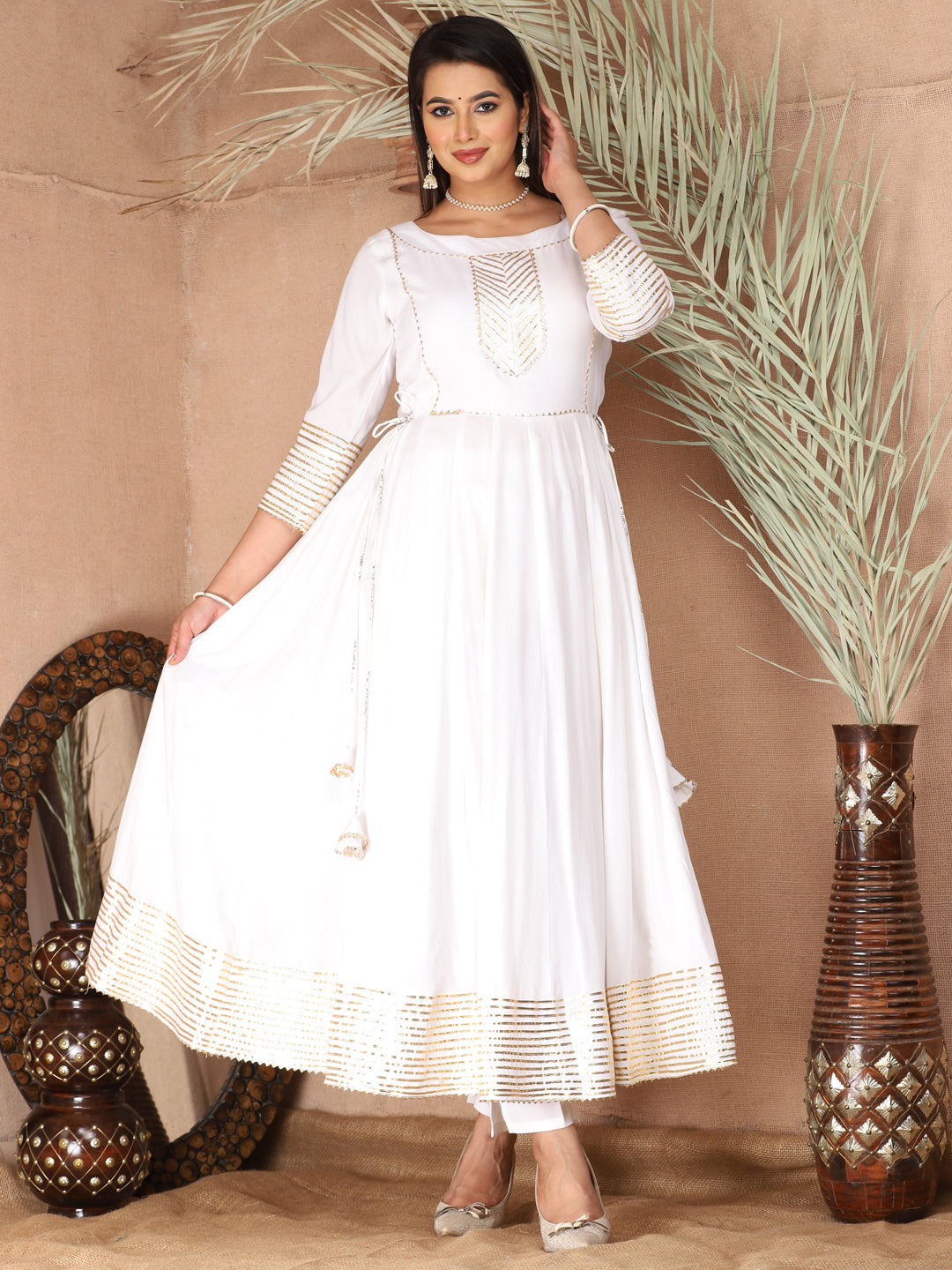 White Anarkali Rayon Kurta Pant Set with Chiffon Dupatta –3 Piece Salwar Kameez-750072