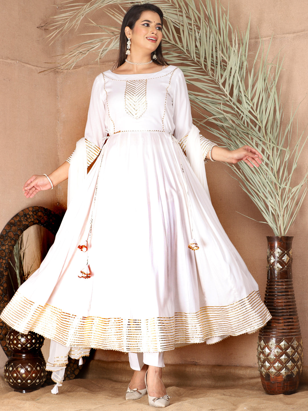 White Anarkali Rayon Kurta Pant Set with Chiffon Dupatta –3 Piece Salwar Kameez-750072