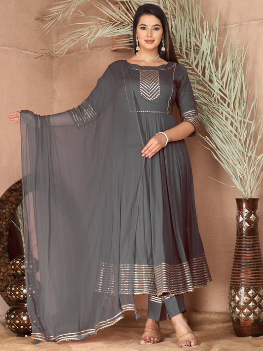 Grey Anarkali Rayon Kurta Pant Set with Chiffon Dupatta –3 Piece Salwar Kameez-750073