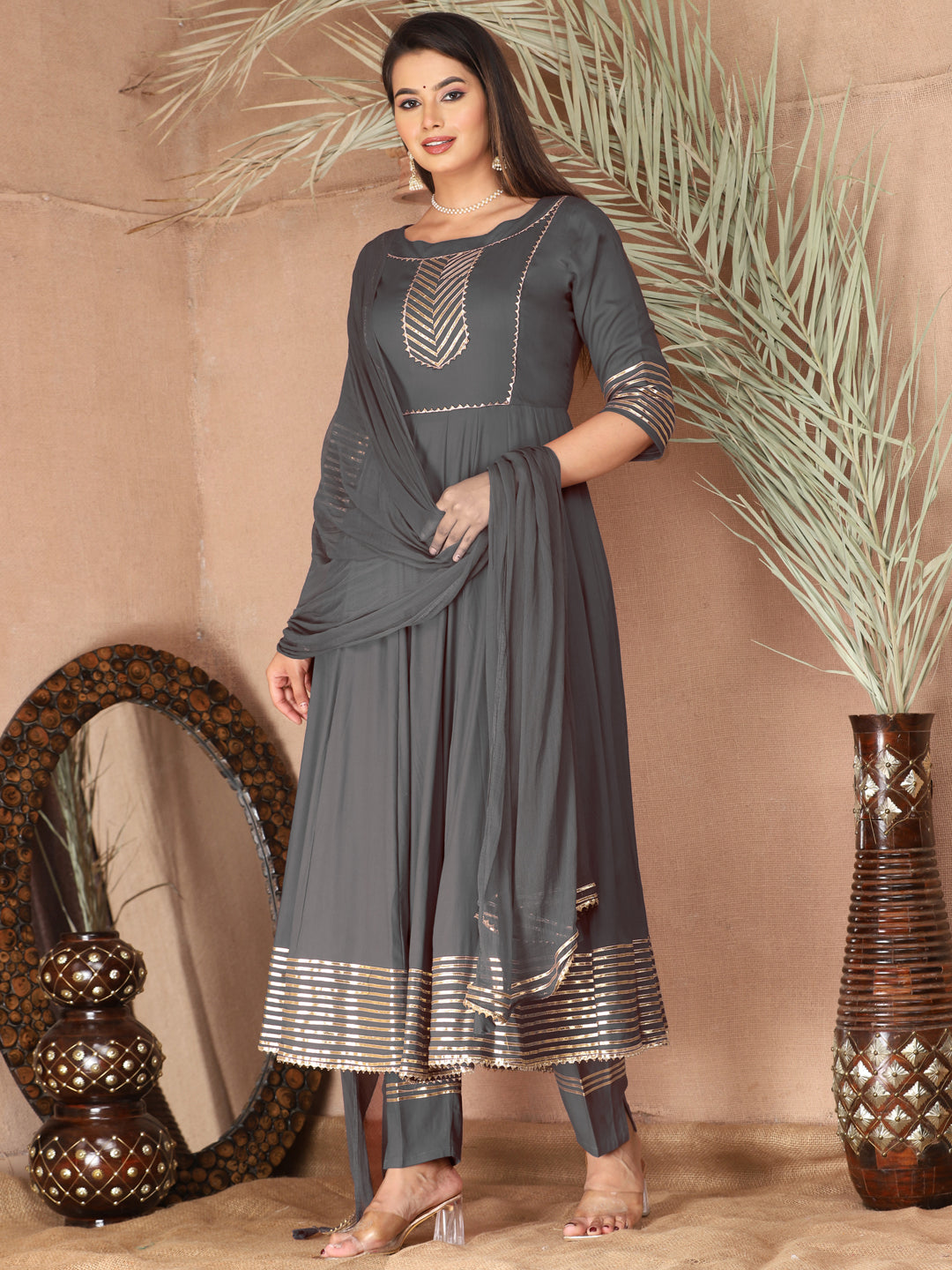 Grey Anarkali Rayon Kurta Pant Set with Chiffon Dupatta –3 Piece Salwar Kameez-750073