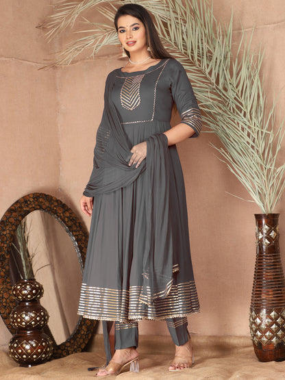Grey Anarkali Rayon Kurta Pant Set with Chiffon Dupatta –3 Piece Salwar Kameez-750073