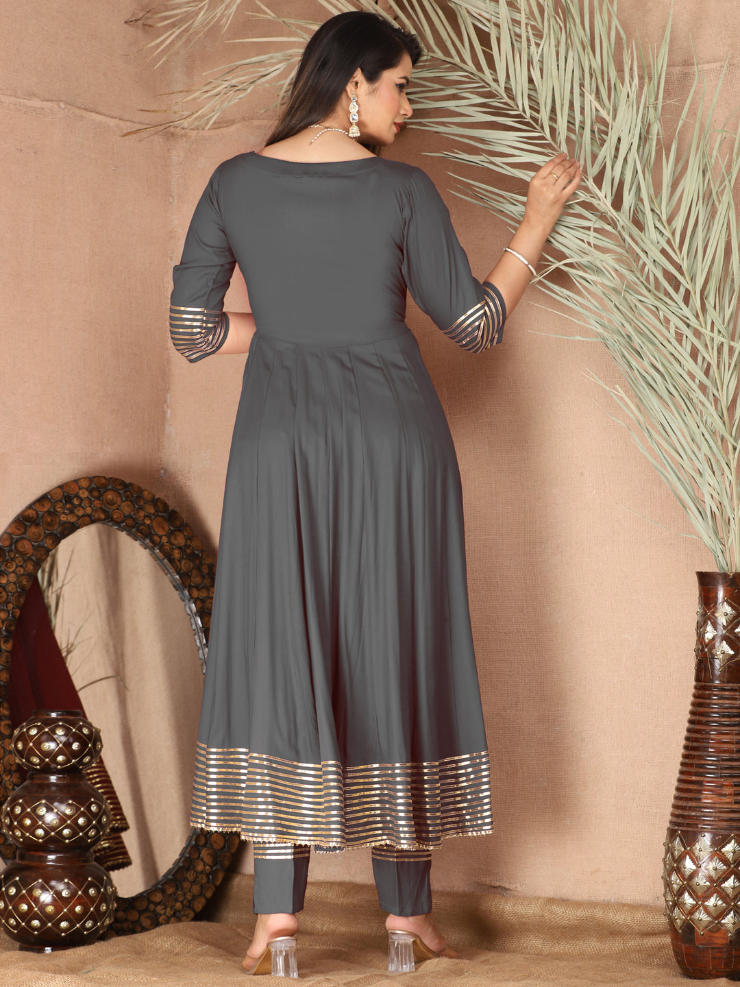 Grey Anarkali Rayon Kurta Pant Set with Chiffon Dupatta –3 Piece Salwar Kameez-750073