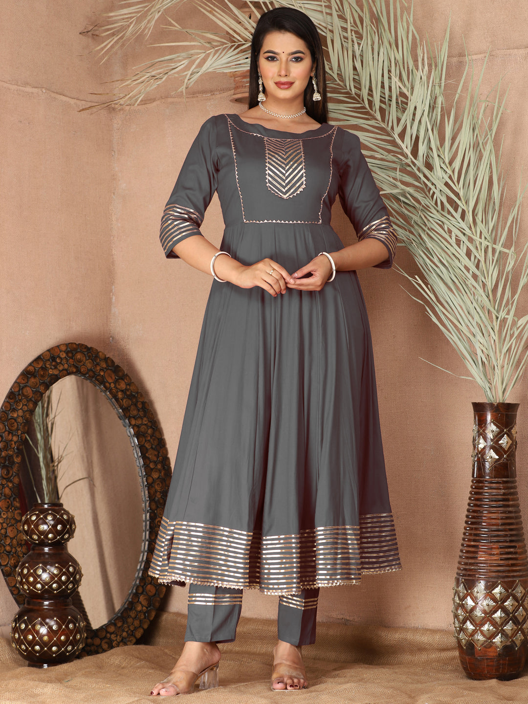 Grey Anarkali Rayon Kurta Pant Set with Chiffon Dupatta –3 Piece Salwar Kameez-750073