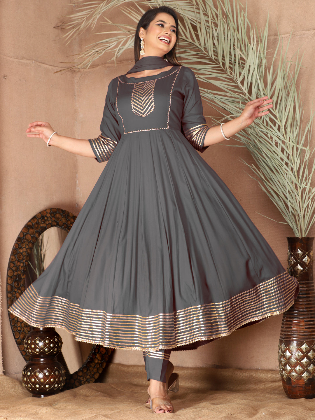 Grey Anarkali Rayon Kurta Pant Set with Chiffon Dupatta –3 Piece Salwar Kameez-750073