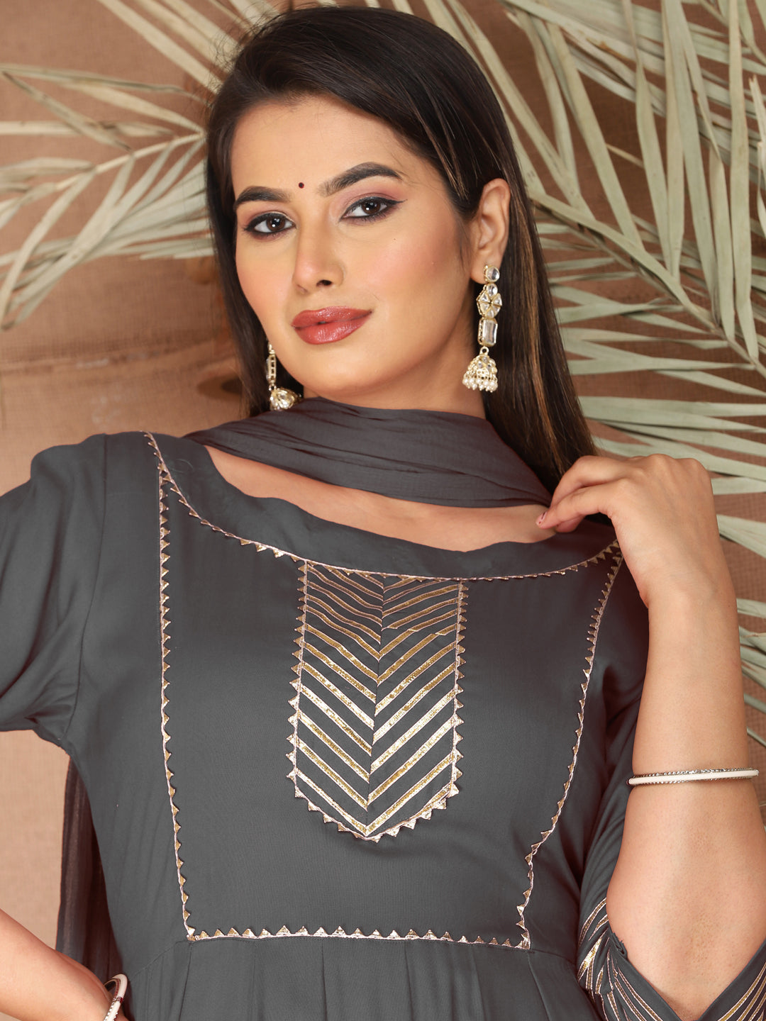 Grey Anarkali Rayon Kurta Pant Set with Chiffon Dupatta –3 Piece Salwar Kameez-750073