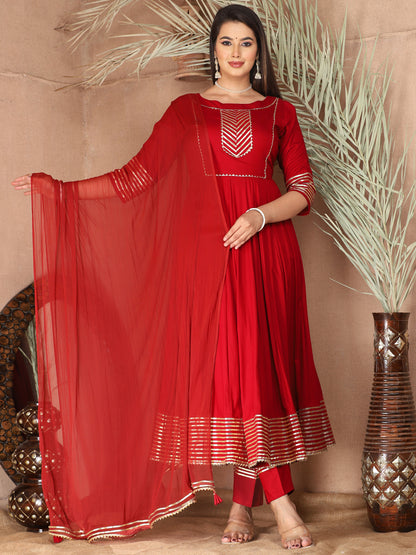 Red Anarkali Rayon Kurta Pant Set with Chiffon Dupatta –3 Piece Salwar Kameez