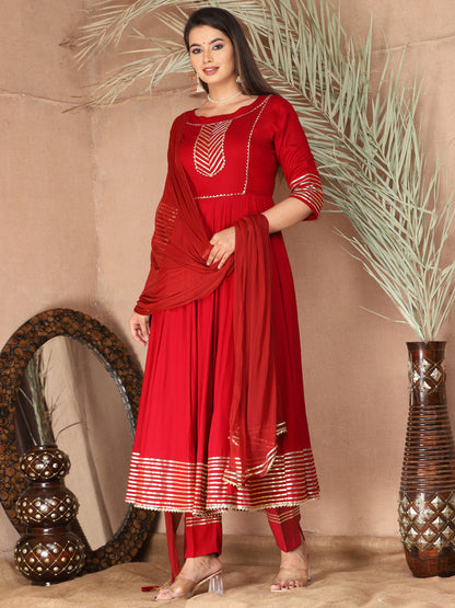 Red Anarkali Rayon Kurta Pant Set with Chiffon Dupatta –3 Piece Salwar Kameez
