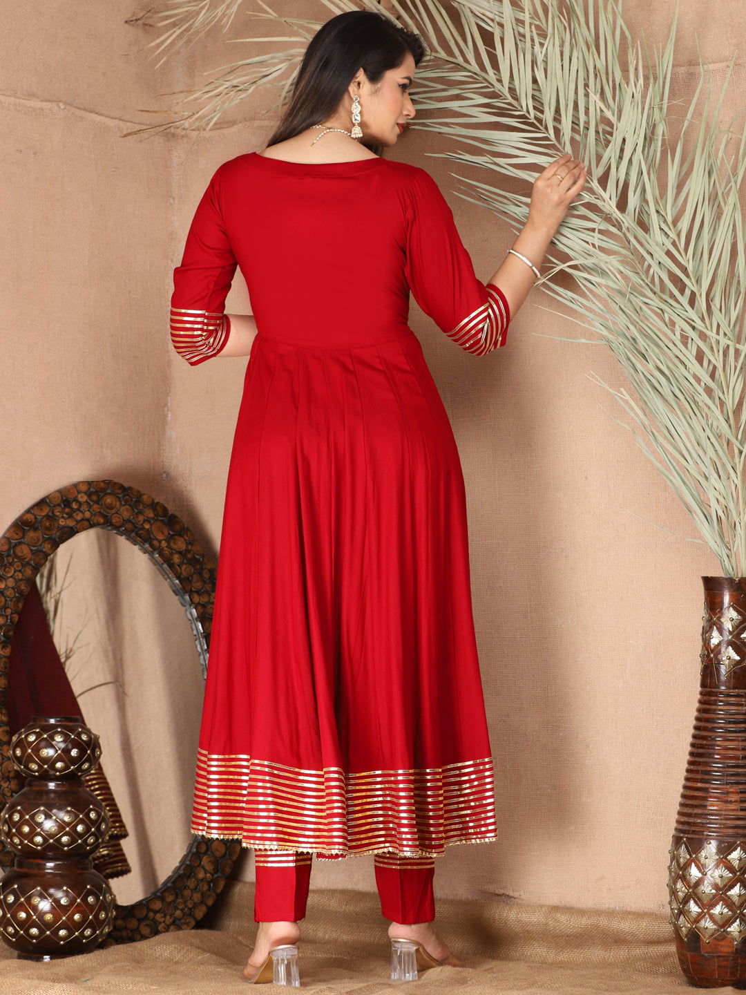 Red Anarkali Rayon Kurta Pant Set with Chiffon Dupatta –3 Piece Salwar Kameez