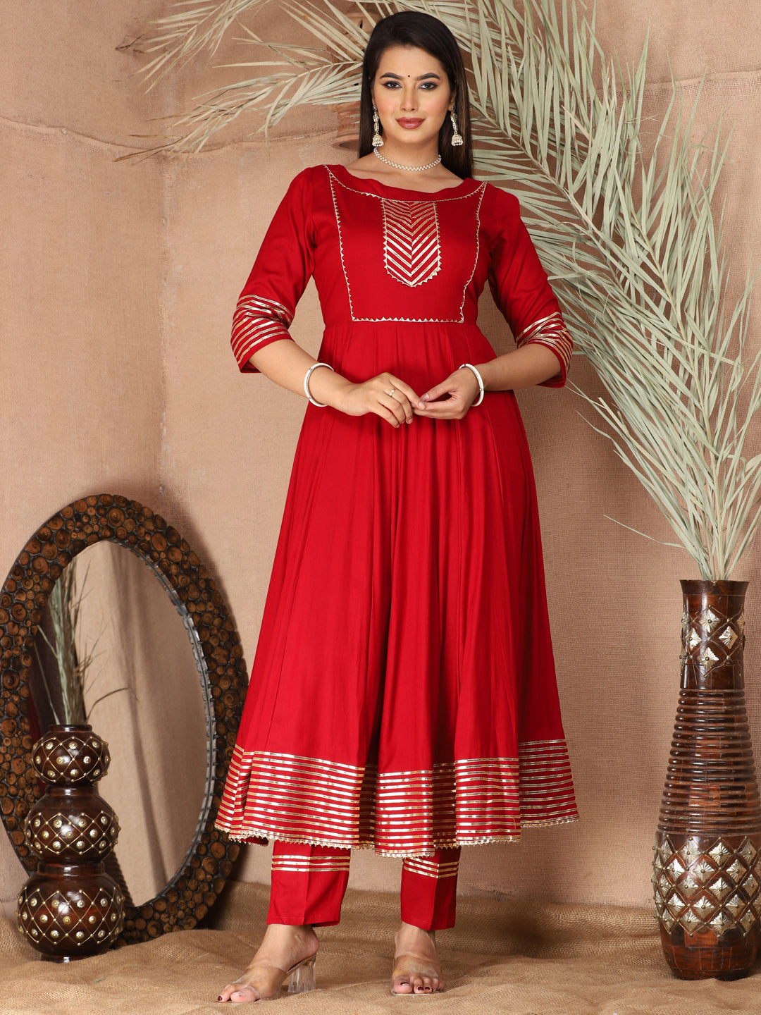 Red Anarkali Rayon Kurta Pant Set with Chiffon Dupatta –3 Piece Salwar Kameez