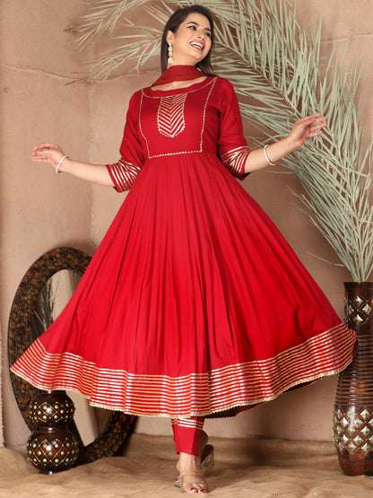 Red Anarkali Rayon Kurta Pant Set with Chiffon Dupatta –3 Piece Salwar Kameez