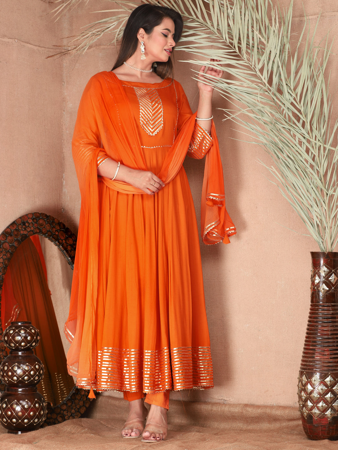 Orange Anarkali Rayon Kurta Pant Set with Chiffon Dupatta –3 Piece Salwar Kameez-750074