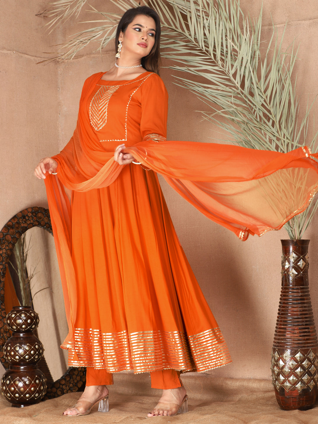 Orange Anarkali Rayon Kurta Pant Set with Chiffon Dupatta –3 Piece Salwar Kameez-750074