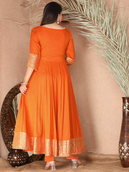 Orange Anarkali Rayon Kurta Pant Set with Chiffon Dupatta –3 Piece Salwar Kameez-750074