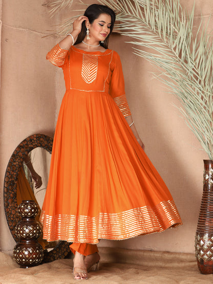 Orange Anarkali Rayon Kurta Pant Set with Chiffon Dupatta –3 Piece Salwar Kameez-750074