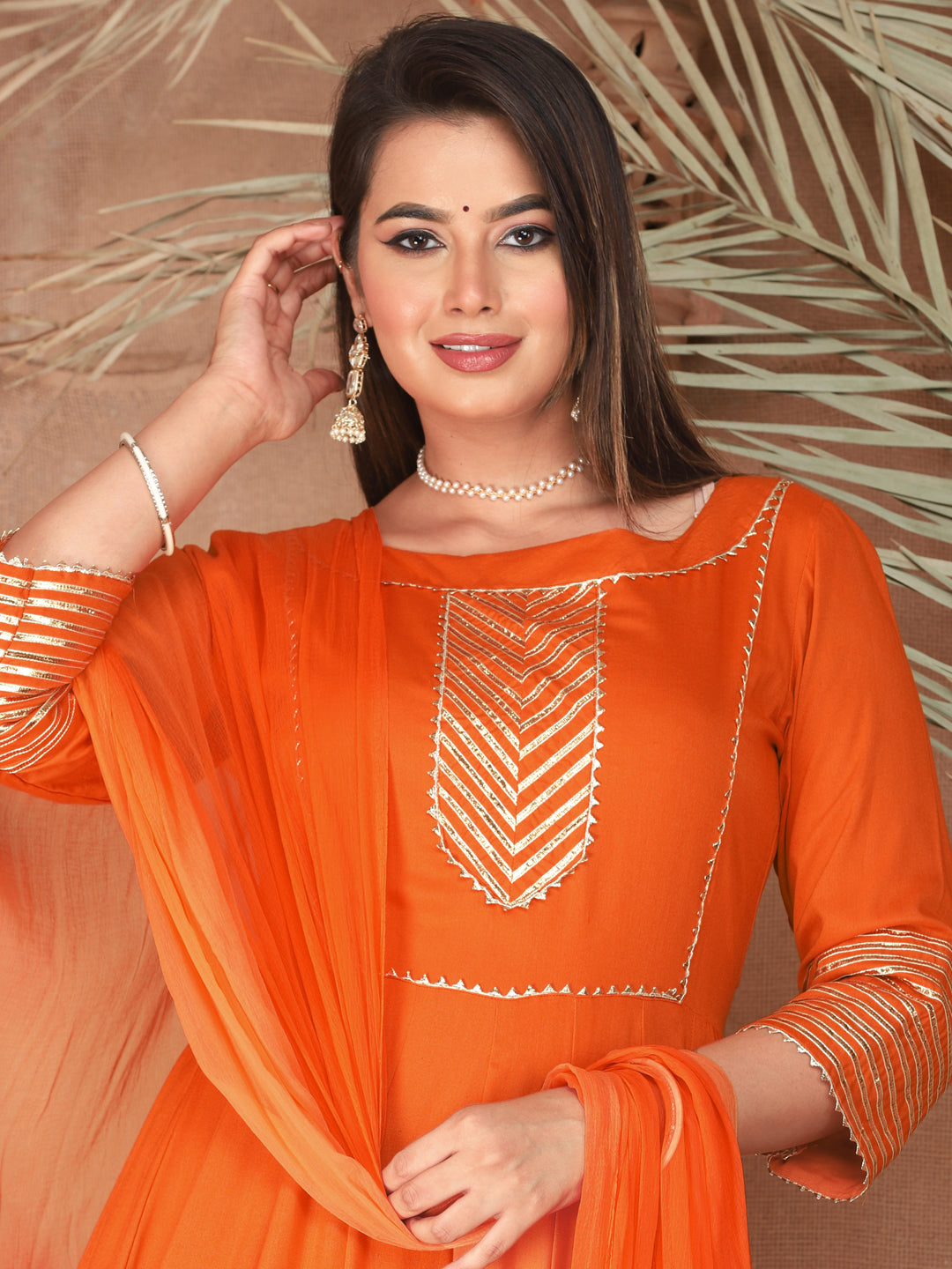 Orange Anarkali Rayon Kurta Pant Set with Chiffon Dupatta –3 Piece Salwar Kameez-750074