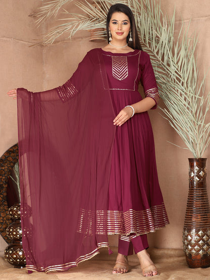 Purple Anarkali Rayon Kurta Pant Set with Chiffon Dupatta –3 Piece Salwar Kameez-750075