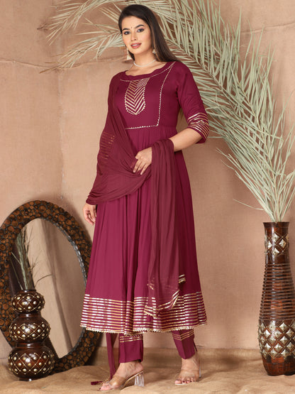 Purple Anarkali Rayon Kurta Pant Set with Chiffon Dupatta –3 Piece Salwar Kameez-750075