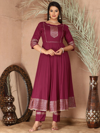 Purple Anarkali Rayon Kurta Pant Set with Chiffon Dupatta –3 Piece Salwar Kameez-750075