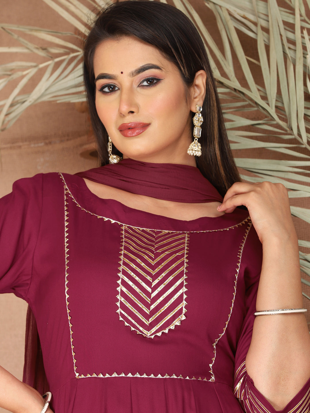 Purple Anarkali Rayon Kurta Pant Set with Chiffon Dupatta –3 Piece Salwar Kameez-750075