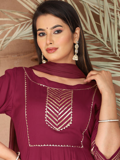 Purple Anarkali Rayon Kurta Pant Set with Chiffon Dupatta –3 Piece Salwar Kameez-750075