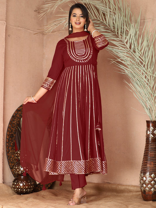 Maroon Gota Patti Work Anarkali Primum Rayon Kurta Pant Set with Chiffon Dupatta –3 Piece Salwar Kameez