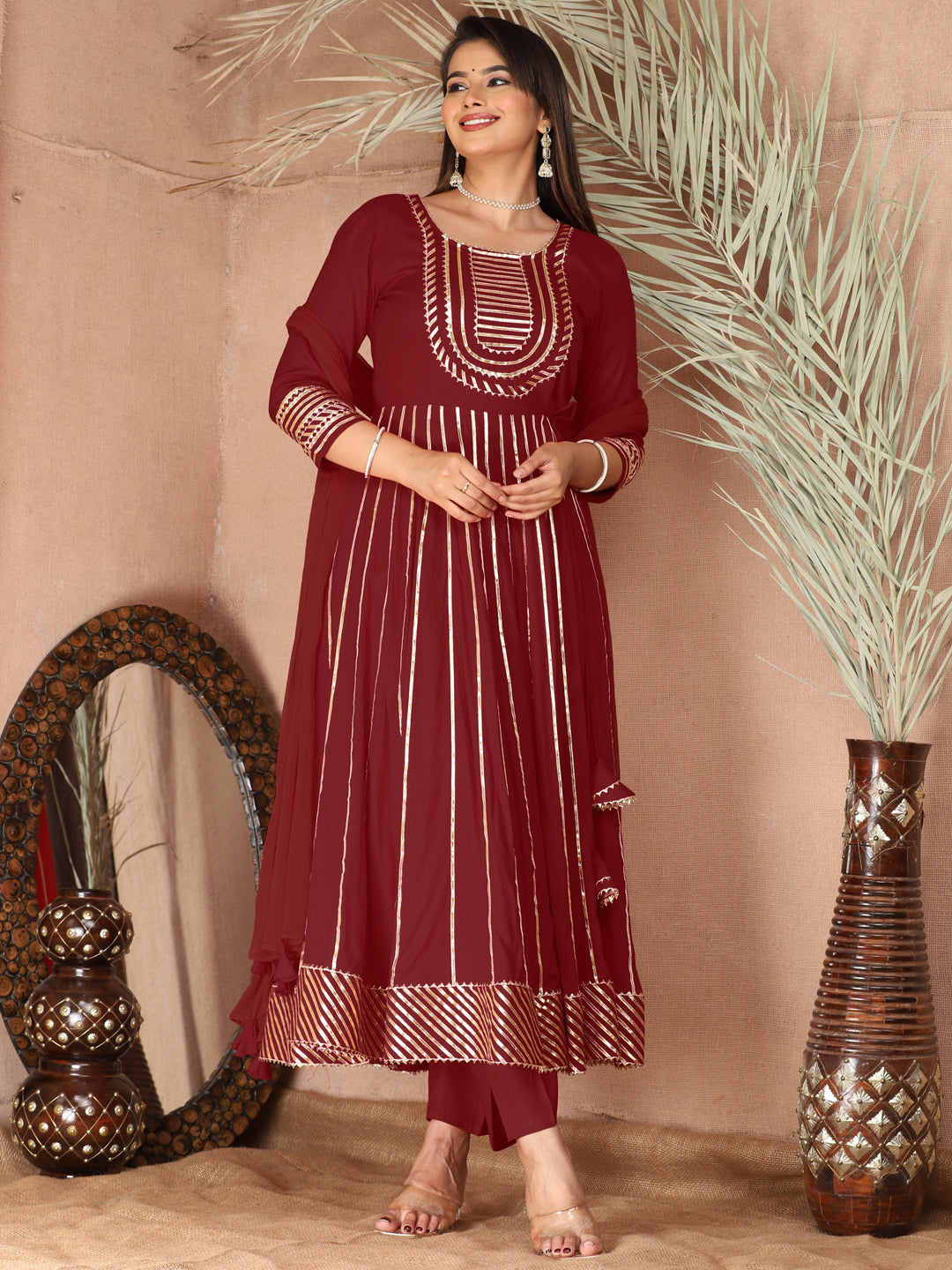 Maroon Gota Patti Work Anarkali Primum Rayon Kurta Pant Set with Chiffon Dupatta –3 Piece Salwar Kameez